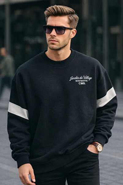 COMBİNE MİCHAİL Erkek Kışlık Baskılı Oversize Siyah Sweatshirt