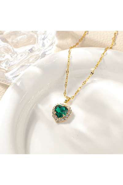 Kracer 18K Gold Plated Heart Necklace, with Green Zirconia Stones, Stainless ...