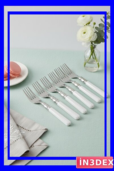 İN3DEX 6 Pieces Stainless Steel Dinner Forks Set with White Handles
