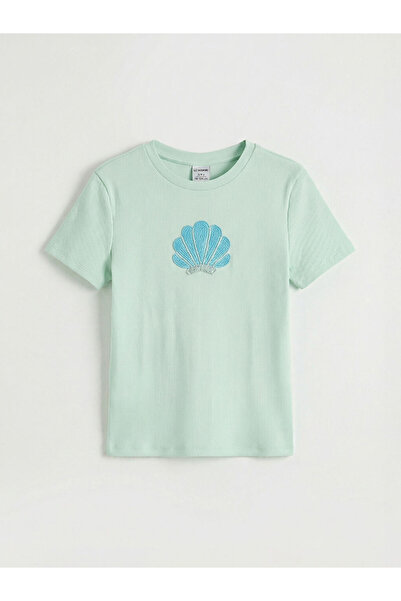 LC Waikiki Tricou pentru fete turcoaz cu broderie guler rotund