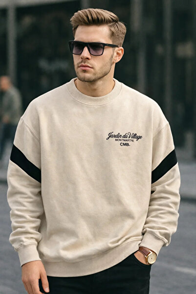 COMBİNE MİCHAİL Erkek Kışlık Baskılı Oversize Krem Sweatshirt