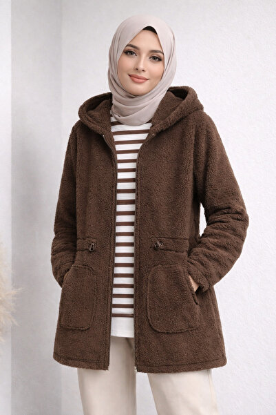 Kirazgym Plush Hooded Plush Cardigan with Elastic Waist and Zipper - Brown