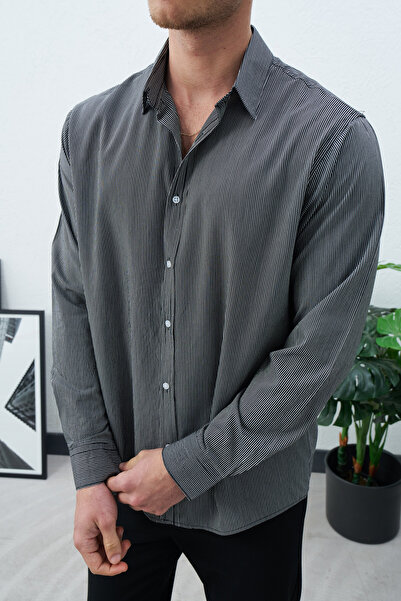 duo fideles Men's Striped Regular Cut Viscose Black Shirt