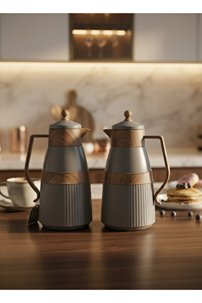 ZALA طقم ترمس مزدوج فاخر باللون الرمادي الفاتح وملمس خشبي، سعة 2 × 1 لتر - تص...