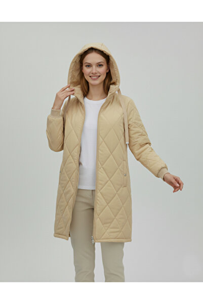 Kirazgym Hooded Pocket Lined Quilted Coat - Beige