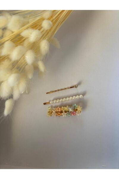 Store Çiçekli Taşlı, İncili, 3'lü Saç Tokası