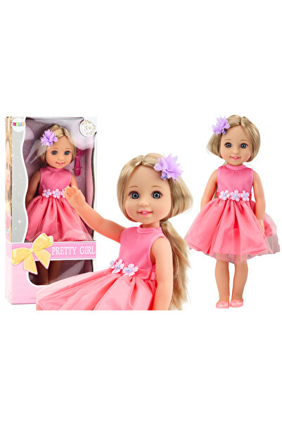 LEAN Doll with long hair, pink dress, hairpin and brush, 38 cm