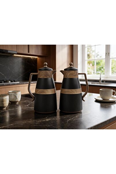 ZALA طقم ترمس مزدوج فاخر باللون الأسود وملمس خشبي، سعة 2 × 1 لتر - تصميم أنيق...