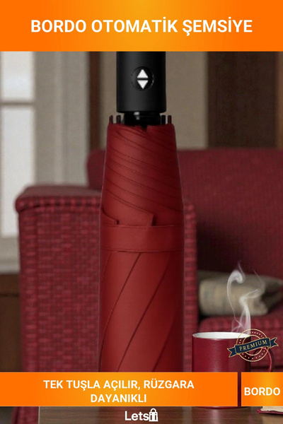 Letsii Bordo Otomatik Açılan Kompakt Şemsiye Rüzgar Dayanıklı 8 Telli Su Geçi...