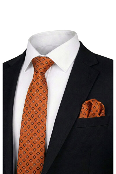Bursa İpek Orange Patterned Silk Tie Set