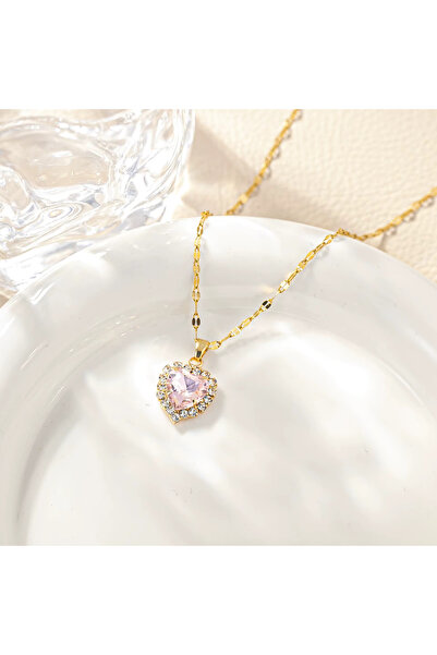 Kracer 18K Gold Plated Heart Necklace, with Pink Zirconia Stones, Stainless S...