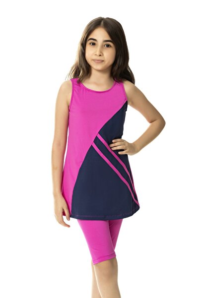 Yasmy Collection Girl's Fuchsia Navy Detailed 6-13 Years Old Sleeveless Tight...