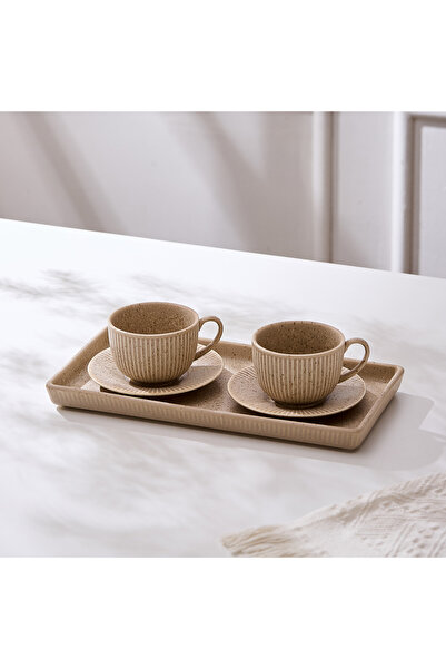 Malooki Set of 2 cups with 2 saucers and porcelain platter, 190 ml - Sand beige
