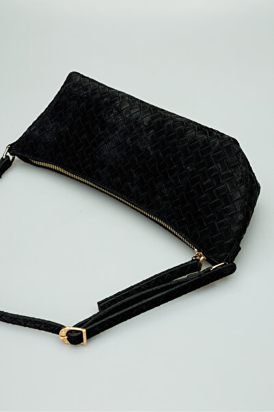 KISCHE Knitted Patterned Black Mini Shoulder Bag with Adjustable Strap, Zippe...