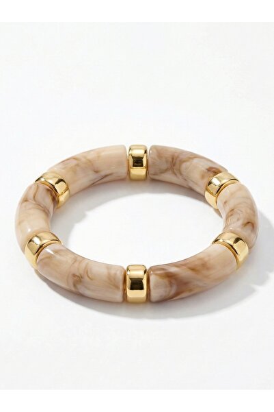 Snartun Beige Marble Patterned Gold Detailed Elastic Women's Bracelet I Speci...