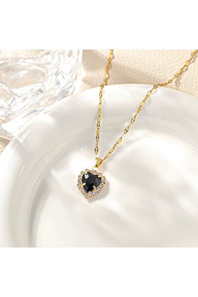 Kracer 18K Gold Plated Heart Necklace, with Black Zirconia Stones, Stainless ...
