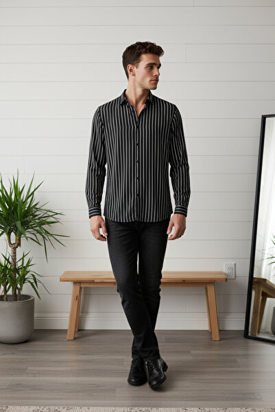 Wonraces Cămașă cu mânecă lungă din bumbac cu dungi confortabile pentru bărbați