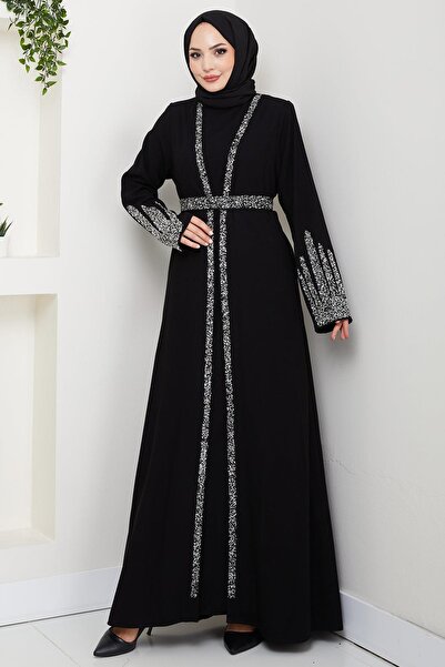 MODA TAŞ ŞERİT DETAYLI KUŞAKLI İÇLİKLİ ABAYA