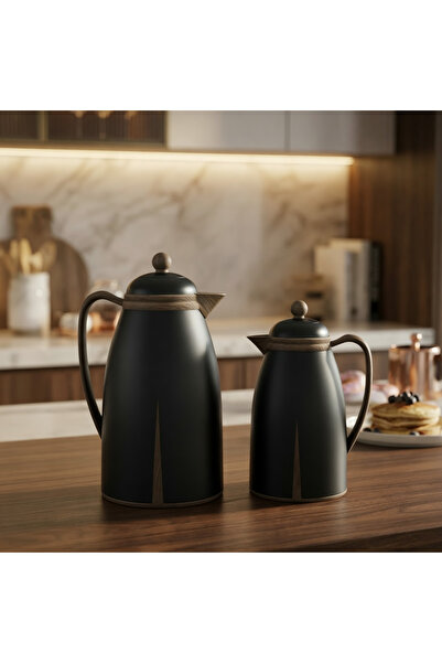 ZALA طقم ترمس مزدوج فاخر باللون الأسود مع ملمس خشبي، تصميم عصري وأنيق، ترمس ل...