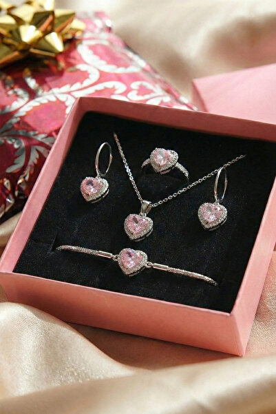 AURRARİ Silver Pink Zircon Stone Necklace Earrings Bracelet Ring Set and Gift...