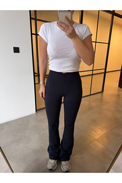 BB Bensu Buyruk Flared Tights with Ruched Detail, Navy Blue