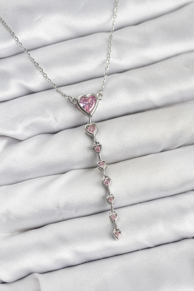 lowell home 316L Steel Chain Silver Color Pink Heart Women Necklace