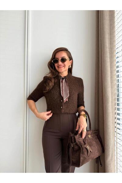 Coral Fularlı Düğmeli Kısa Hırka 3193 Kahve