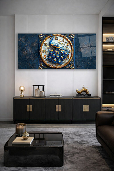 Olinpa KIRILMAZ CAM DUVAR SAATİ , HEM TABLO HEM SAAT MAVİ ALTIN TAVUS KUŞU TA...