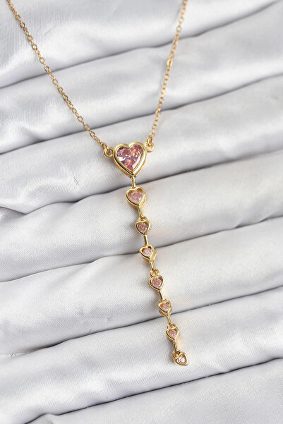 lowell home 316L Steel Chain Gold Color Pink Heart Women's Necklace
