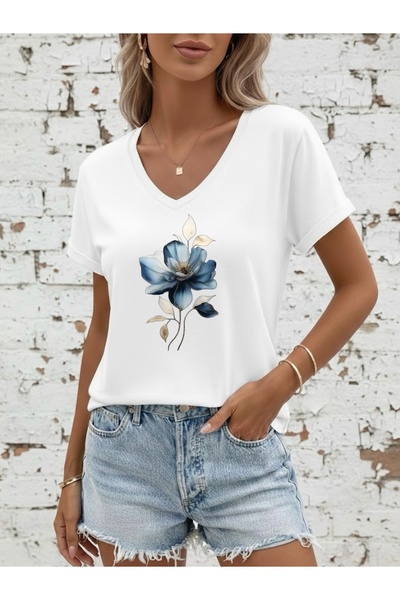 FUFLUNS Leaf Flower Pattern Printed Women's Oversize V-Neck T-Shirt