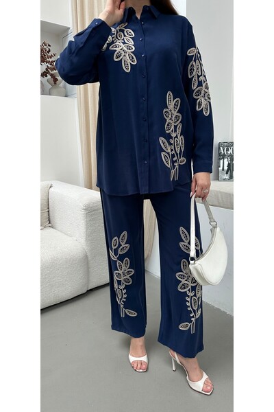 MİA NOURA Women's Shirt with Beaded Embroidery on the Front and Sleeves, Pant...