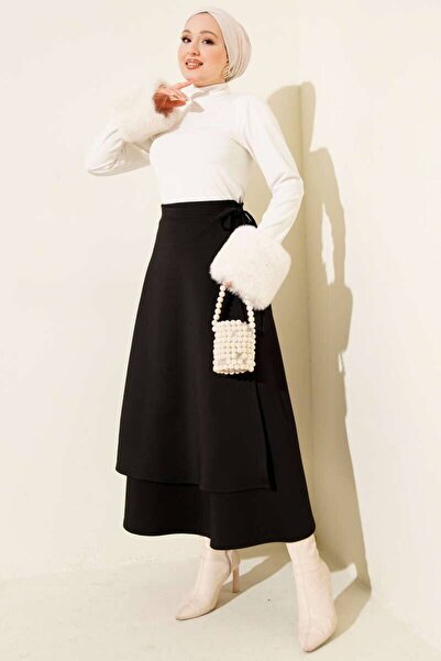 By Kuzey Aras Knitted Scuba Tie-Up Double-Breasted Skirt