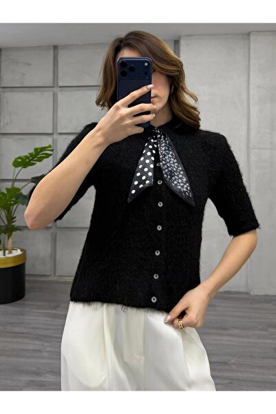 Coral Fularlı Düğmeli Kısa Hırka 3193 Siyah