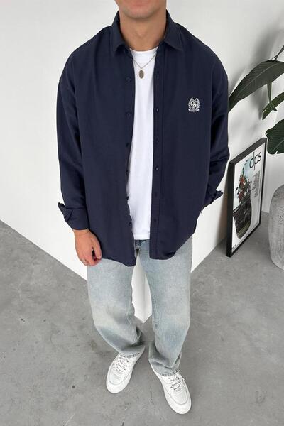HAFKAGİYİM Navy Blue Premium Embroidered Relaxed Shirt