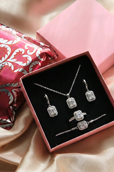 AURRARİ Silver Baguette Stone Necklace Earrings Bracelet Ring Set Valentine's...