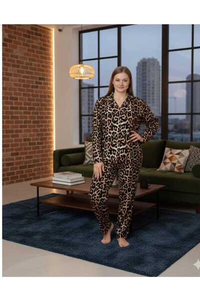 BOYRAZ Luxury Comfort with Suede Fabric Leopard Printed Plus Size Pajama Set