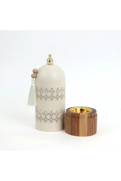 Generic مبخرة بخور معدنية مزخرفة مع حامل بخور خشبي