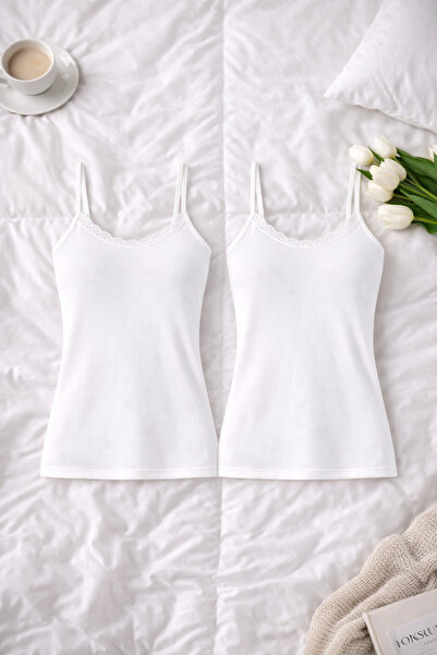 ROZELT Women's White Viscose Stretch Fabric Strap Tank Top Set of 2