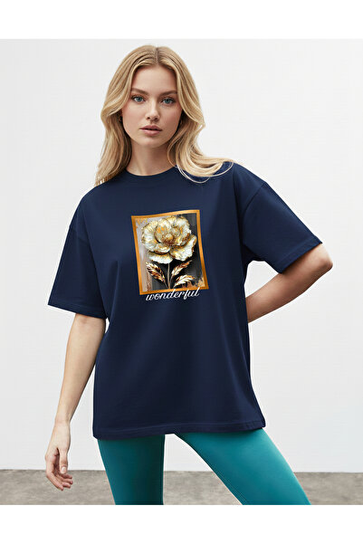 caddekombin Ženska zlatna detaljna grafika ruže okrugla kragna tamnoplava T-s...