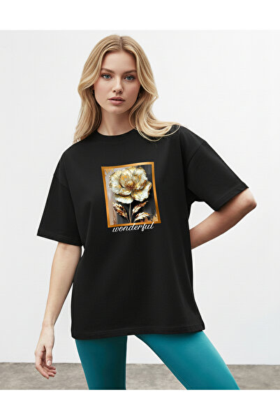 caddekombin Γυναικείο μπλουζάκι με λεπτομέρεια ροζ γραφικό σχέδιο με λαιμόκοψ...