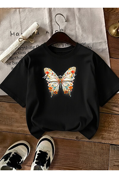 caddekombin Diamond Butterfly cu imprimeu pentru femei, cu gât rotund, negru ...