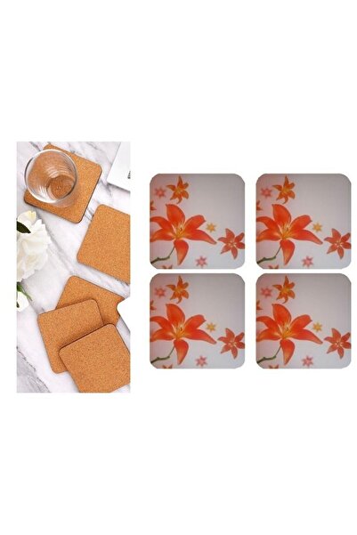 Bosphorus Wooden Coasters 4 Pieces Flower Pattern 9X9Cm