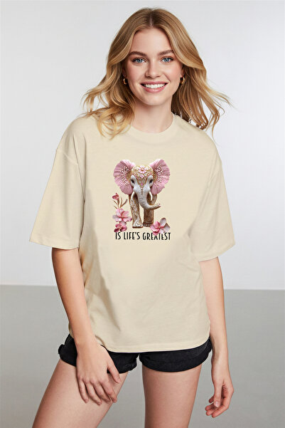 caddekombin Women's Espiri Elephant Graphic Printed Round Neck Beige T-Shirt