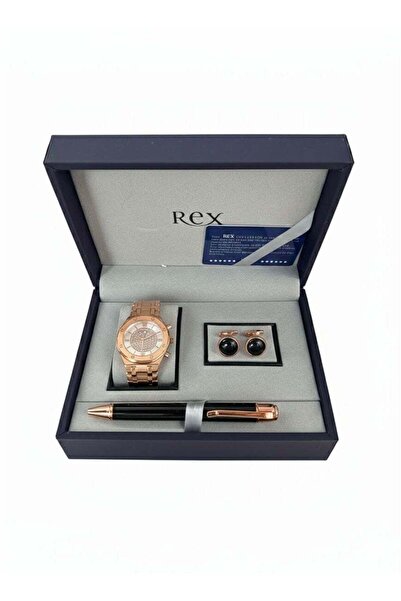 REX Luxury Men's Set - Rose Gold Watch, Pen, and Elegant Cufflinks