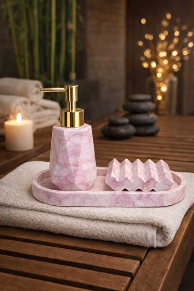 lufen deco 3 Parça Mermer Desenli Dekaratif Beton Banyo WC Seti Katı Sıvı Sab...