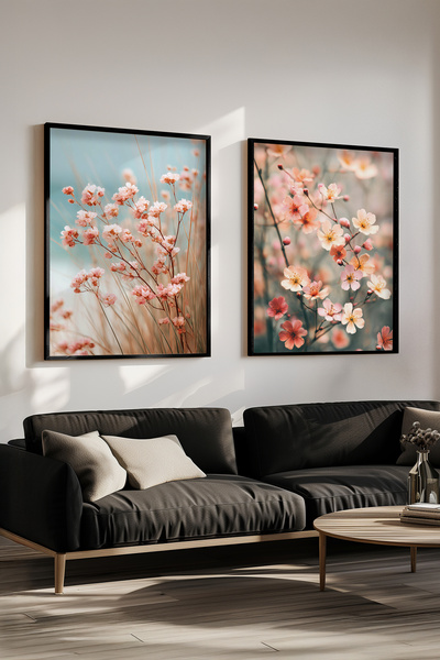 STARYUNA Set de pictură dublă cu flori roz și ramuri de primăvară cu cadru di...