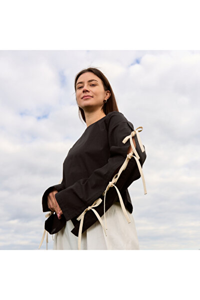 Nuvola Black Cotton Blouse with Bows