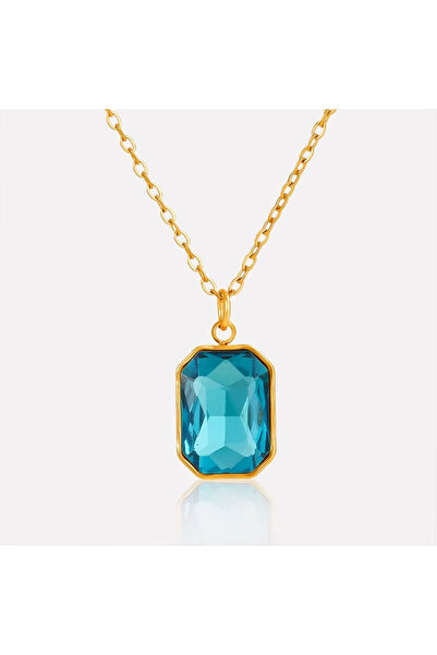 Kracer 18K Gold Plated Necklace with Light Blue Zirconia Pendant, Stainless S...