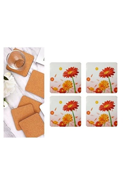 Bosphorus Wooden Coasters 4 Pieces Flower Pattern 9X9Cm