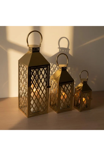 Generic Gold metal lantern set with clear glass - 3 sizes